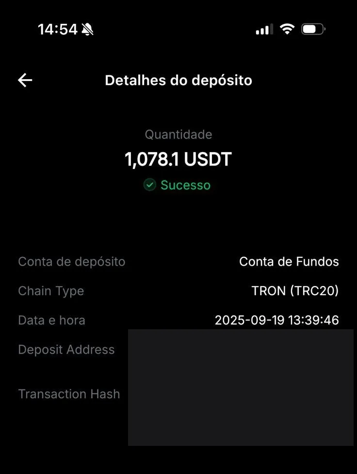 Depósito recebido de 1.078 USDT