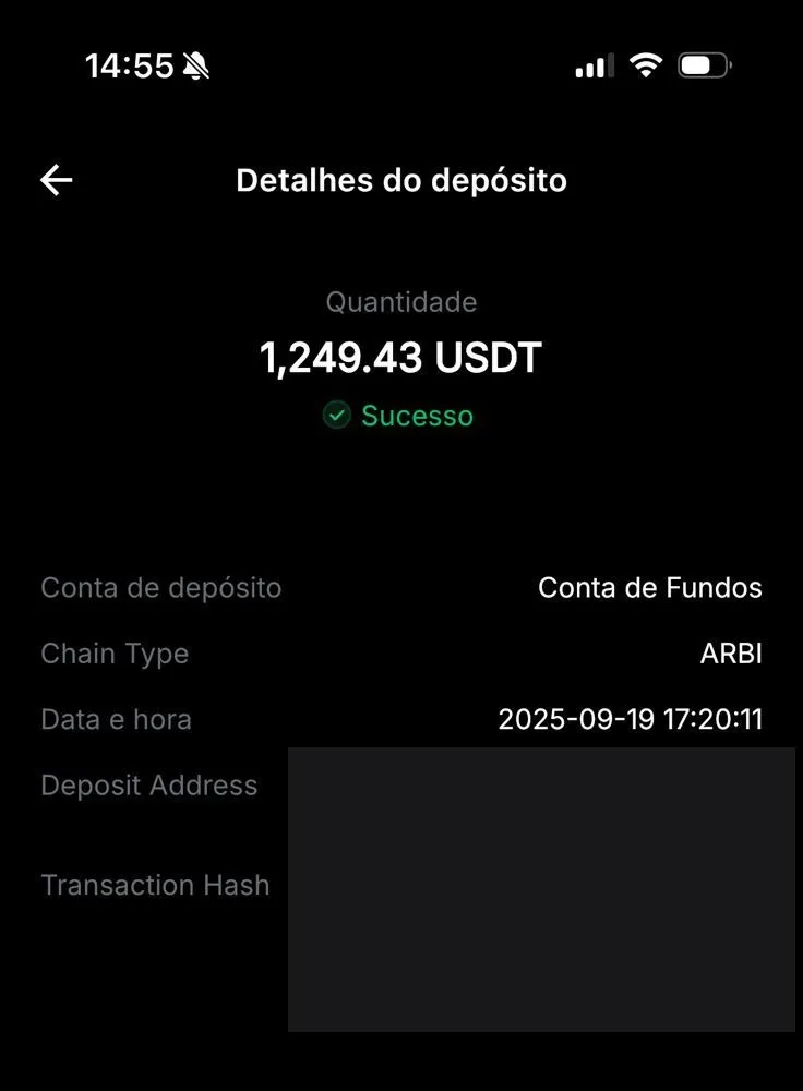 Depósito recebido de 1.249 USDT