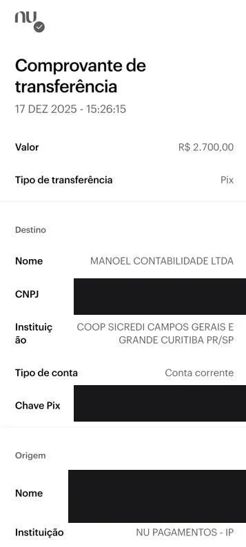 Pix recebido de R$ 2.700
