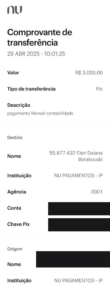 Pix recebido de R$ 3.000
