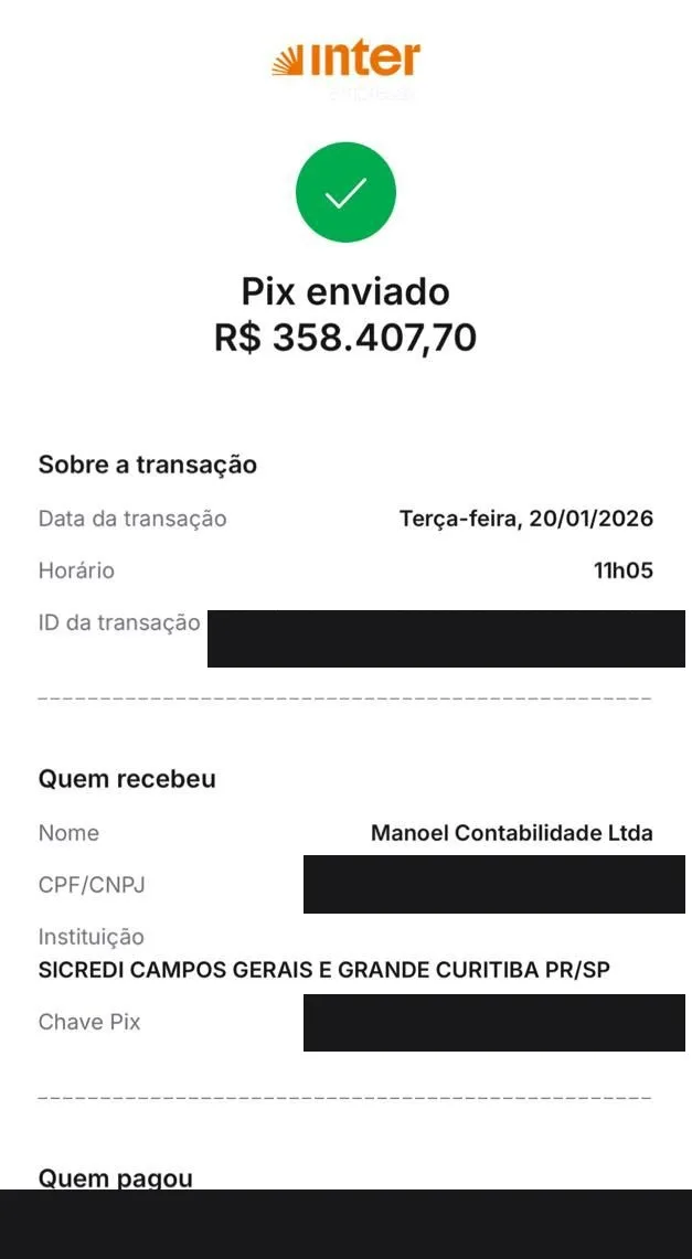 Pix recebido de R$ 358.407