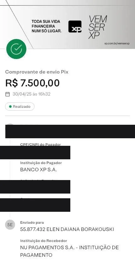 Pix recebido de R$ 7.500